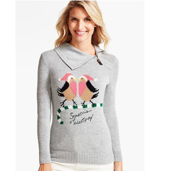 Talbots Novelty Bird Sweater Asymmetrical Zip "Seasons Tweetings" Grey Wool L - Picture 8 of 8